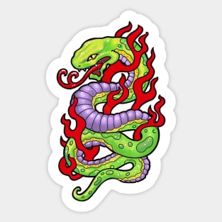 Green and purple snake, with red flames tattoo style Sticker